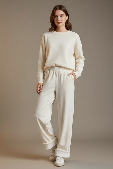 Pantalon Velours Crème Ample Doublé Polaire Hiver - Beige