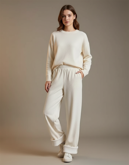 Pantalon Velours Crème Ample Doublé Polaire Hiver - Beige