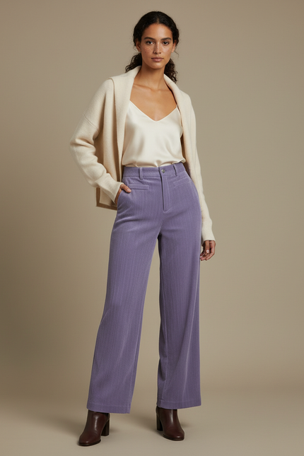 Pantalon Velours Lilas Côtelé Large Décontracté Femme - Violet Cordé
