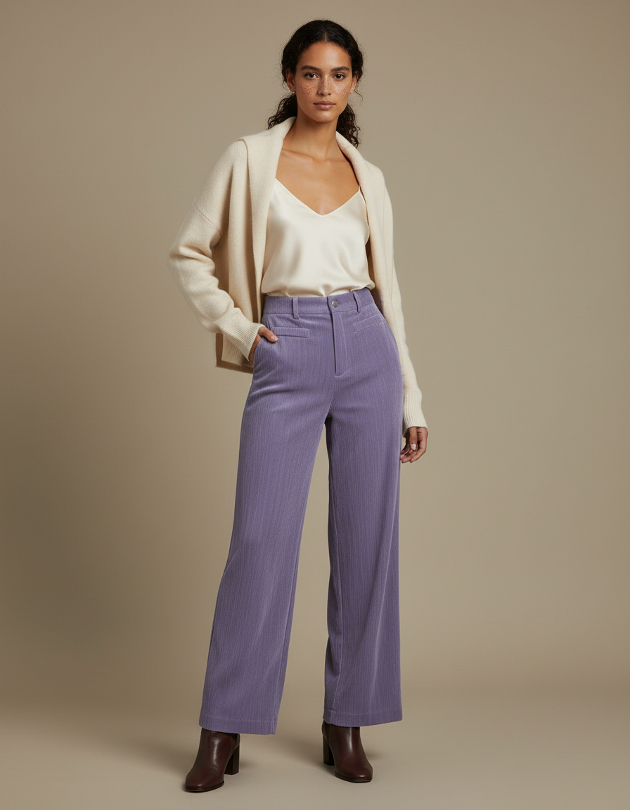 Pantalon Velours Lilas Côtelé Large Décontracté Femme - Violet Cordé