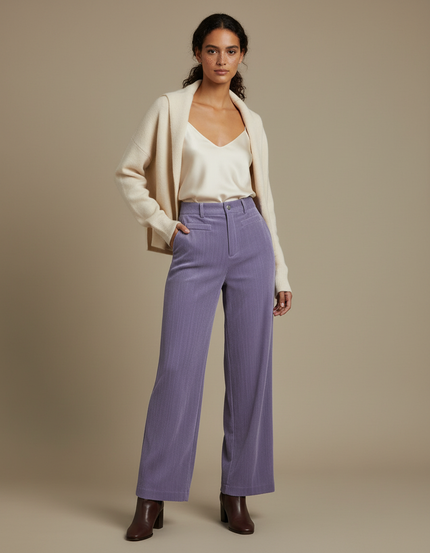 Pantalon Velours Lilas Côtelé Large Décontracté Femme - Violet Cordé