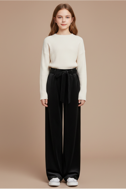 Pantalon Velours Noir Ample Ceinturé Élégant Femme