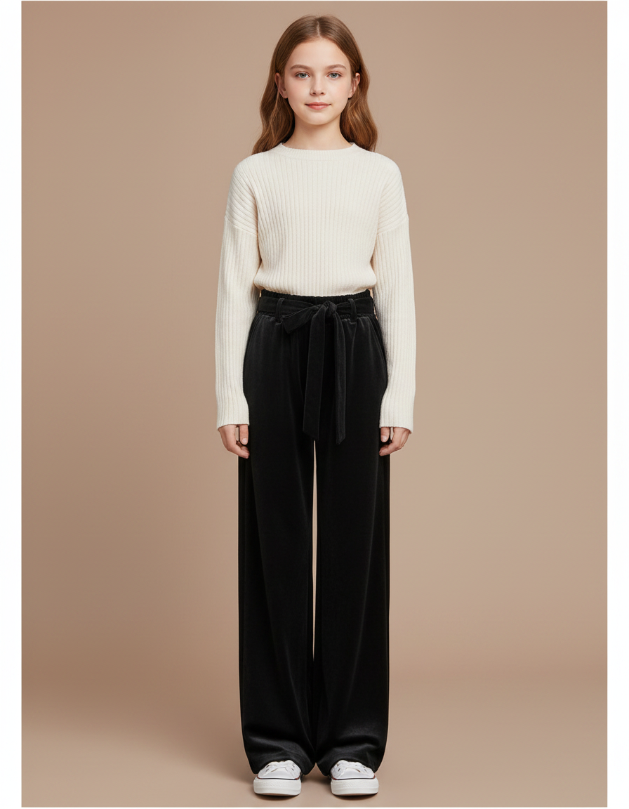 Pantalon Velours Noir Ample Ceinturé Élégant Femme