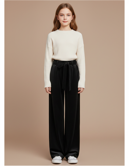 Pantalon Velours Noir Ample Ceinturé Élégant Femme