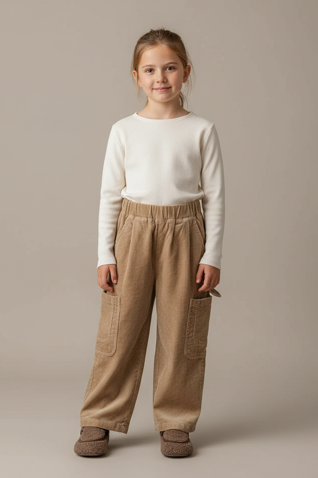Pantalon Velours Côtelé Ample Décontracté Enfant Marron - Camel Cordé