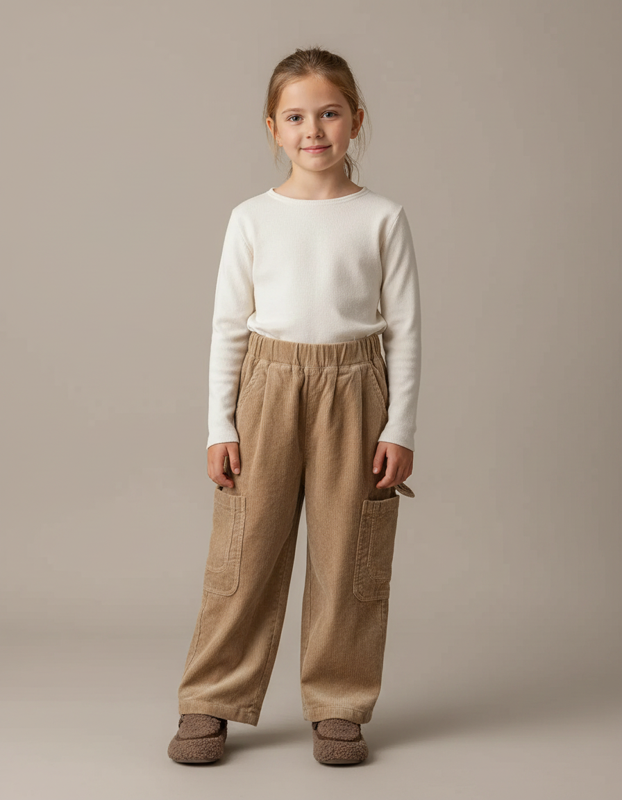 Pantalon Velours Côtelé Ample Décontracté Enfant Marron - Camel Cordé
