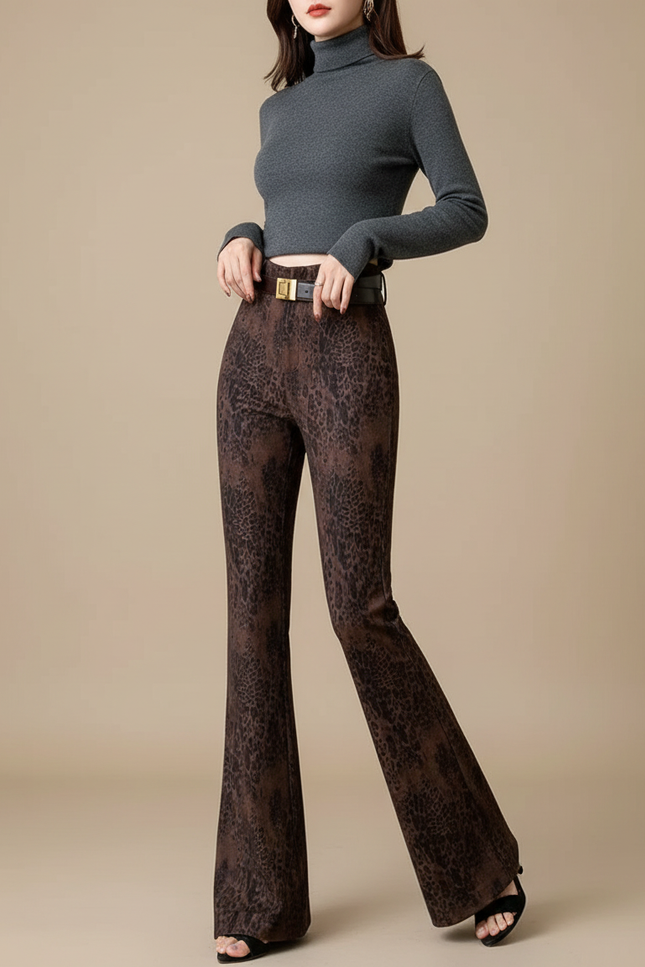 Pantalon Velours Léopard Marron Évasé Femme Hiver