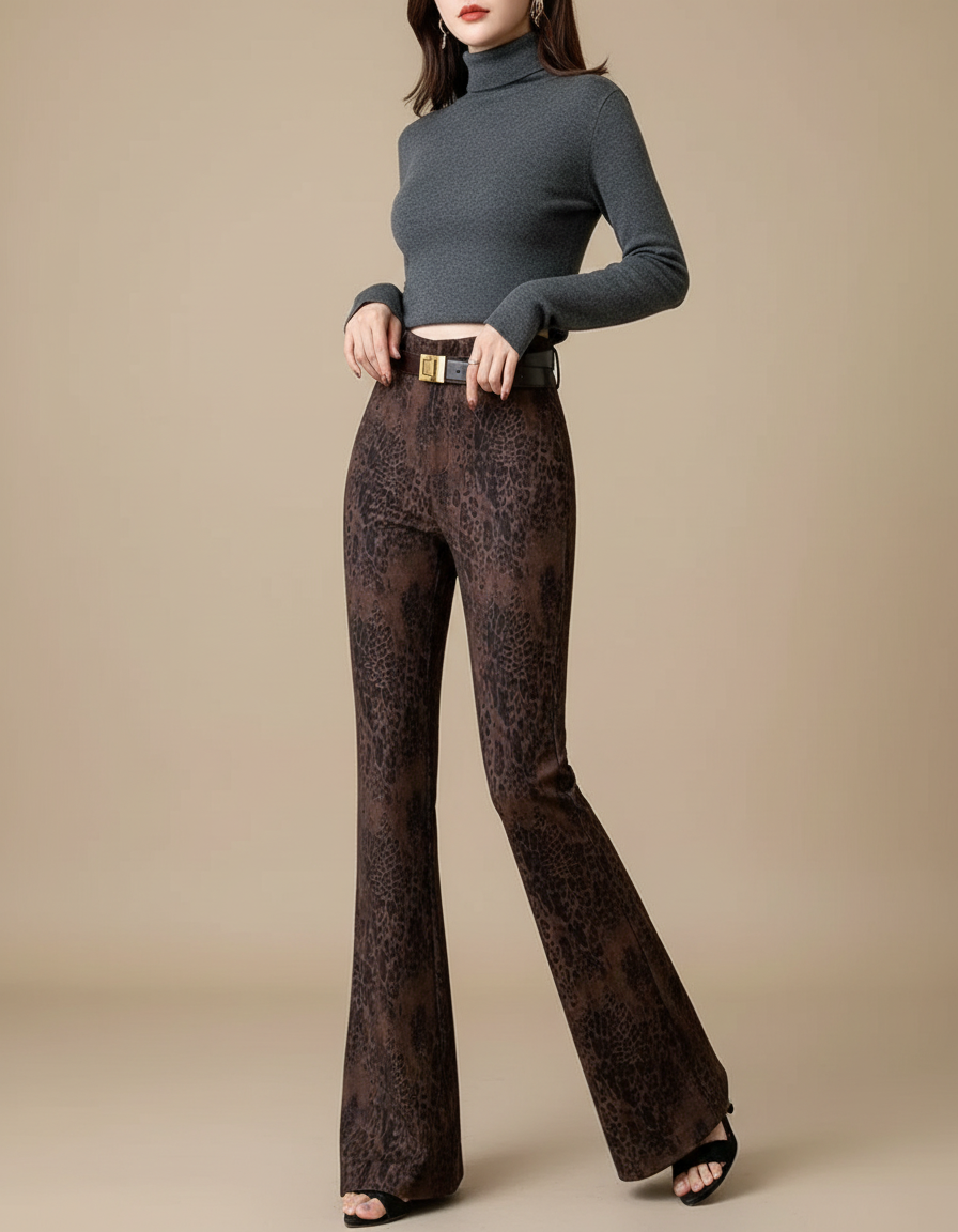 Pantalon Velours Léopard Marron Évasé Femme Hiver