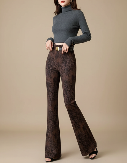 Pantalon Velours Léopard Marron Évasé Femme Hiver