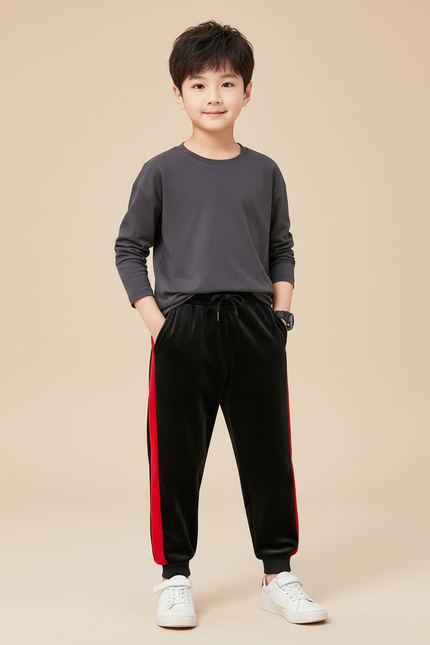 Pantalon Velours Noir Rayures Rouges Garçon Sport