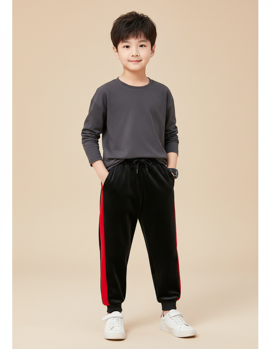 Pantalon Velours Noir Rayures Rouges Garçon Sport