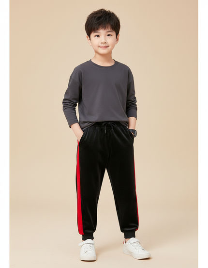 Pantalon Velours Noir Rayures Rouges Garçon Sport