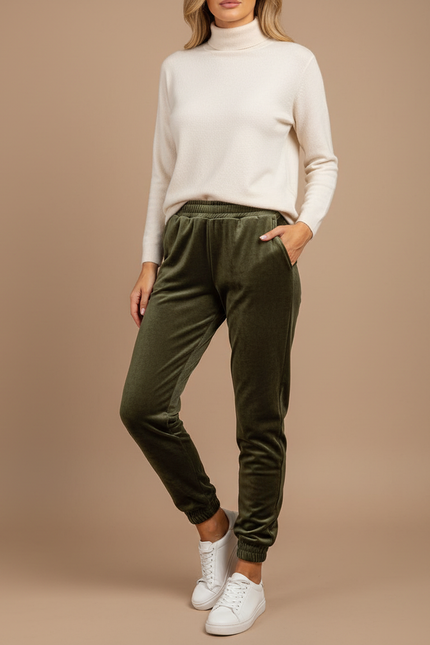 Pantalon Velours Vert Kaki Ample Confortable Élastiqué