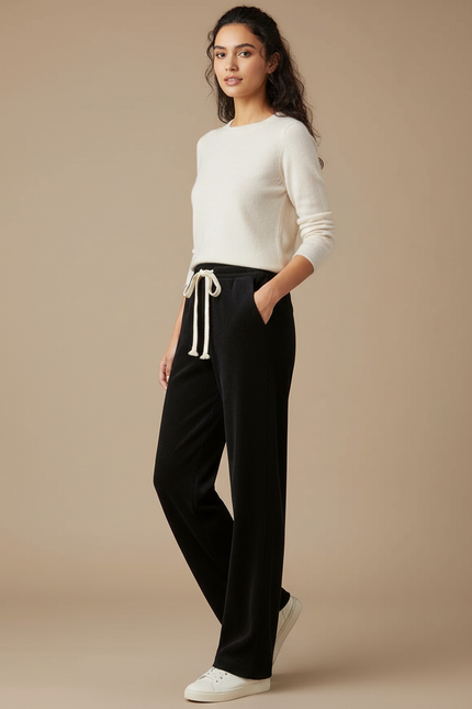 Pantalon Velours Noir Côtelé Ample Fluide Décontracté - Cordé