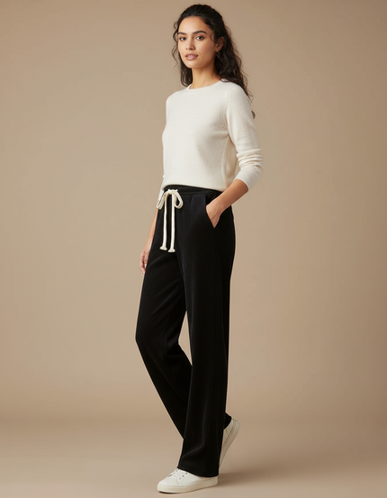Pantalon Velours Noir Côtelé Ample Fluide Décontracté - Cordé