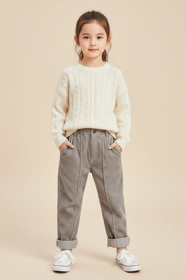 Pantalon Velours Fille Gris Pince - Cordé