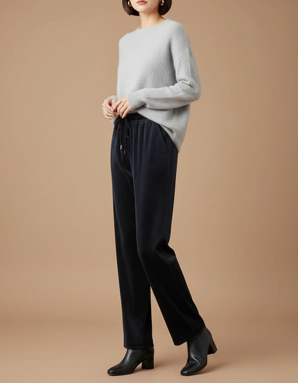 Pantalon Velours Côtelé Noir Droit Élastique Femme - Marine Cordé