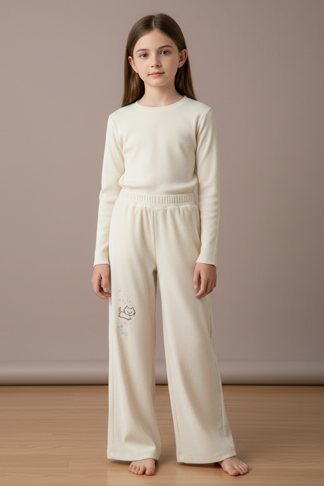 Pantalon Velours Crème Côtelé Ample Brodé Chat - Beige Cordé