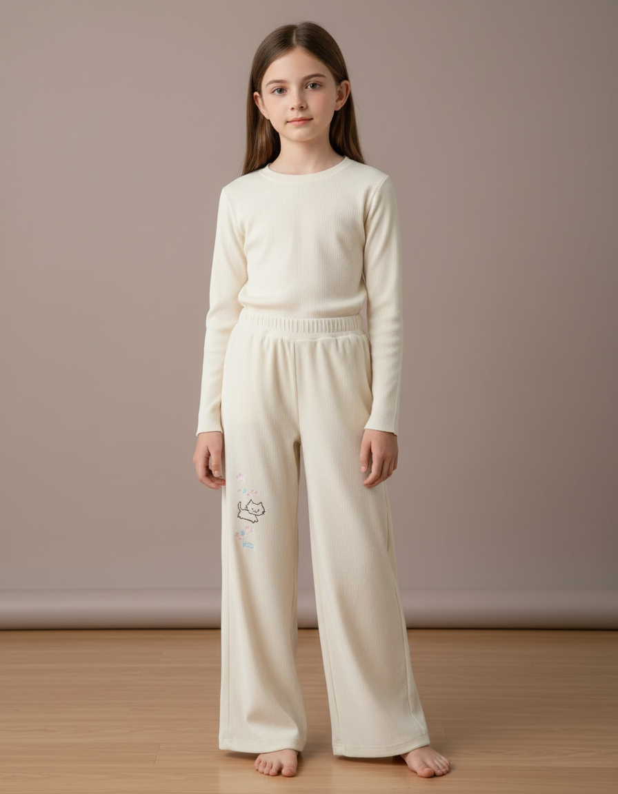 Pantalon Velours Crème Côtelé Ample Brodé Chat - Beige Cordé