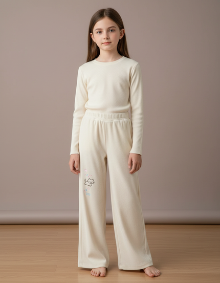 Pantalon Velours Crème Côtelé Ample Brodé Chat - Beige Cordé