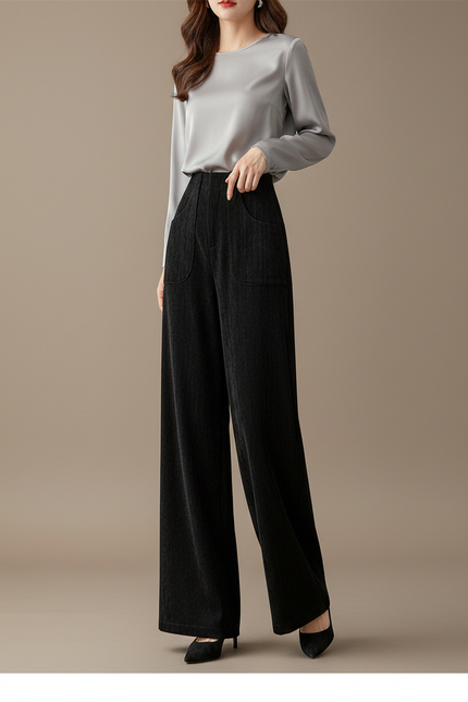 Pantalon Velours Noir Ample Taille Haute Casual - Cordé