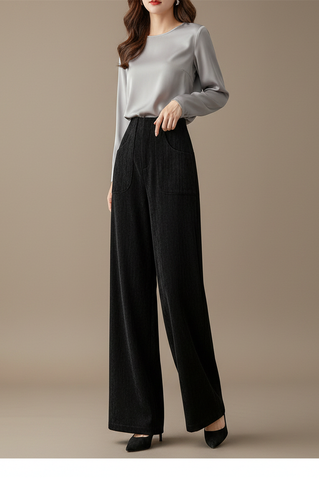 Pantalon Velours Noir Ample Taille Haute Casual - Cordé