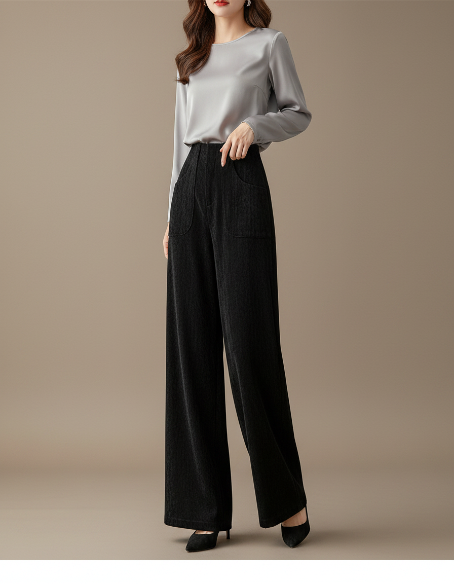 Pantalon Velours Noir Ample Taille Haute Casual - Cordé