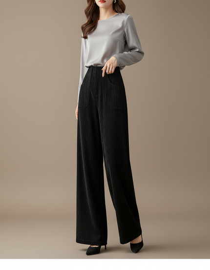 Pantalon Velours Noir Ample Taille Haute Casual - Cordé