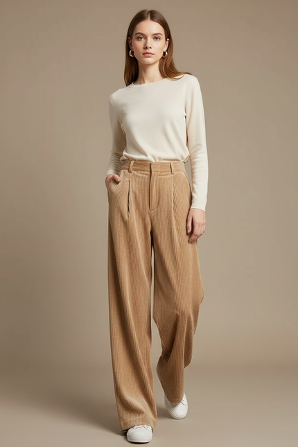 Pantalon Velour Cotelé Femme Beige - Camel Cordé