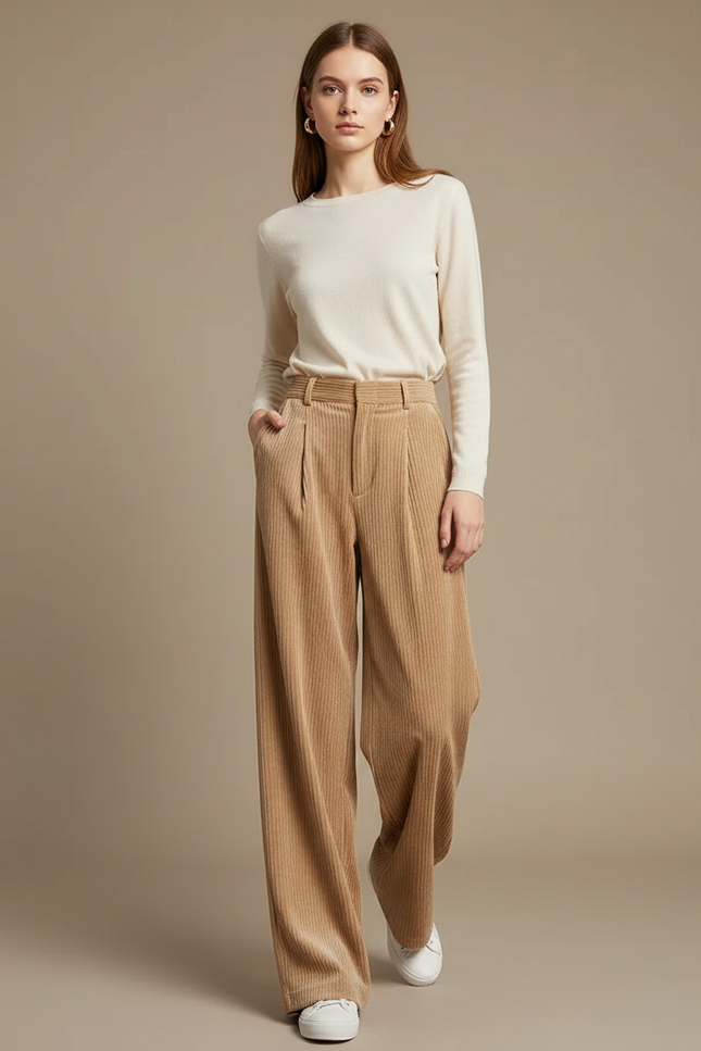 Pantalon Velour Cotelé Femme Beige - Camel Cordé