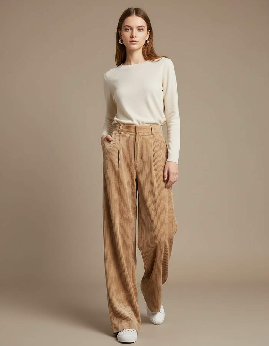 Pantalon Velour Cotelé Femme Beige - Camel Cordé
