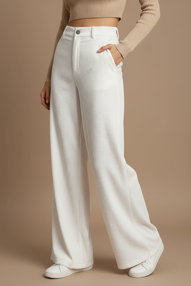 Pantalon Velours Côtelé Blanc Ample Taille Haute - Cordé