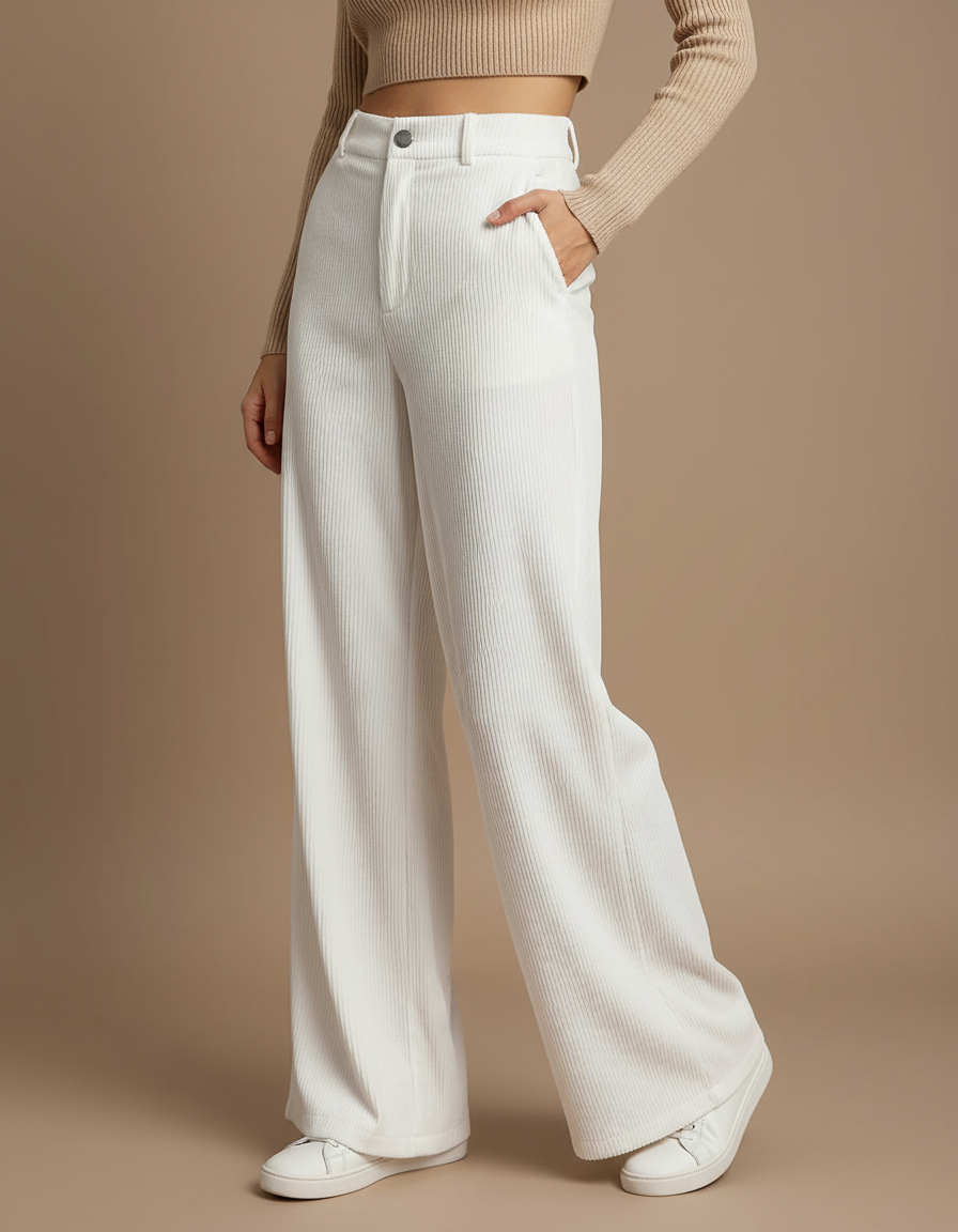 Pantalon Velours Côtelé Blanc Ample Taille Haute - Cordé