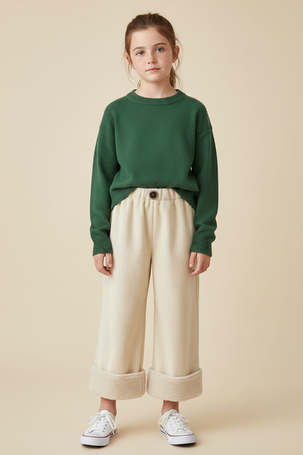 Pantalon Velours Écru Ample Côtelé Doublé Fille - Beige