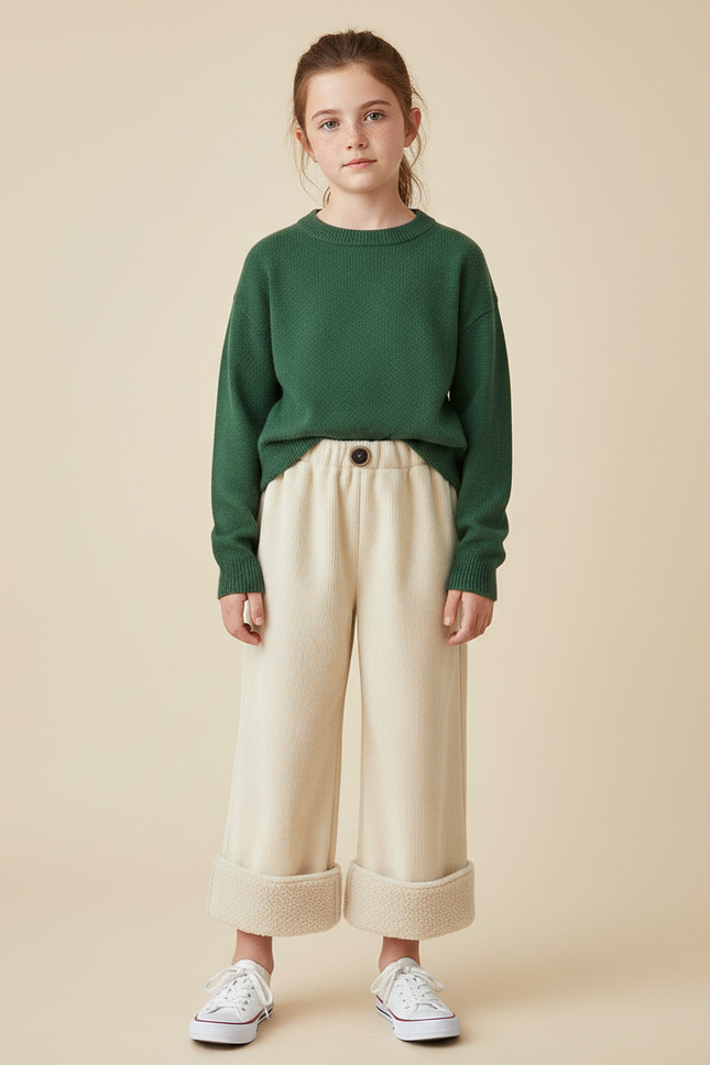 Pantalon Velours Écru Ample Côtelé Doublé Fille - Beige