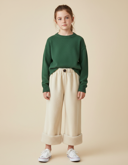 Pantalon Velours Écru Ample Côtelé Doublé Fille - Beige