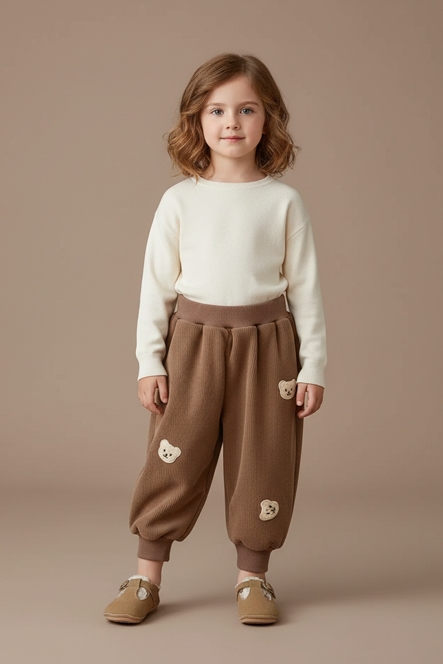 Pantalon Velours Marron Ample Brodé Ours Enfant - Cordé