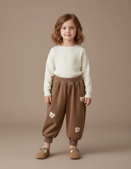 Pantalon Velours Marron Ample Brodé Ours Enfant - Cordé