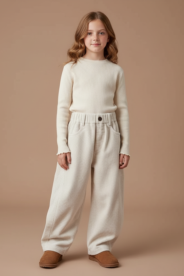 Pantalon Velours Côtelé Écru Ample Enfant Décontracté - Beige Cordé