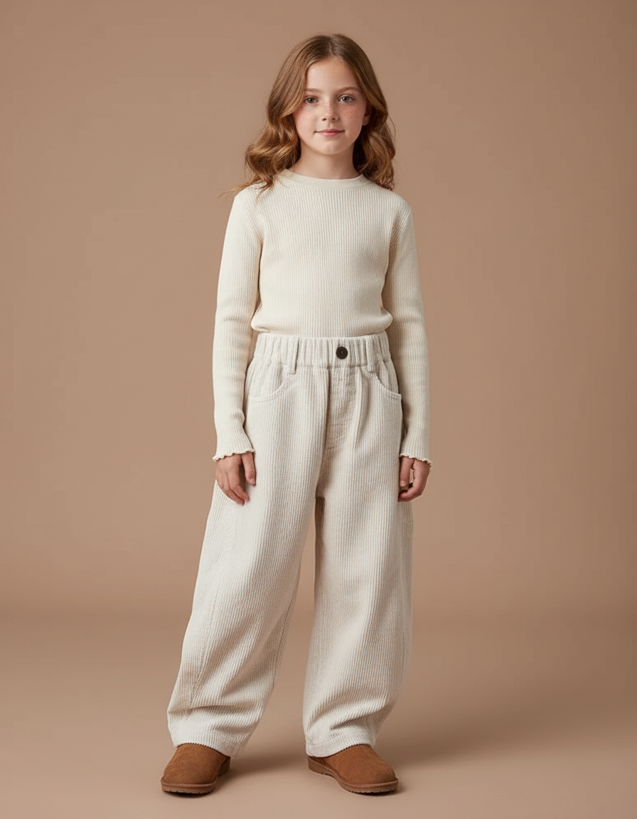 Pantalon Velours Côtelé Écru Ample Enfant Décontracté - Beige Cordé