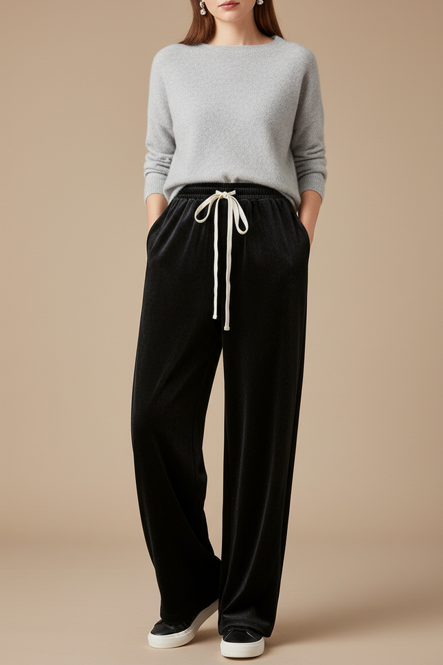 Pantalon Velours Noir Ample Fluide Décontracté Femme