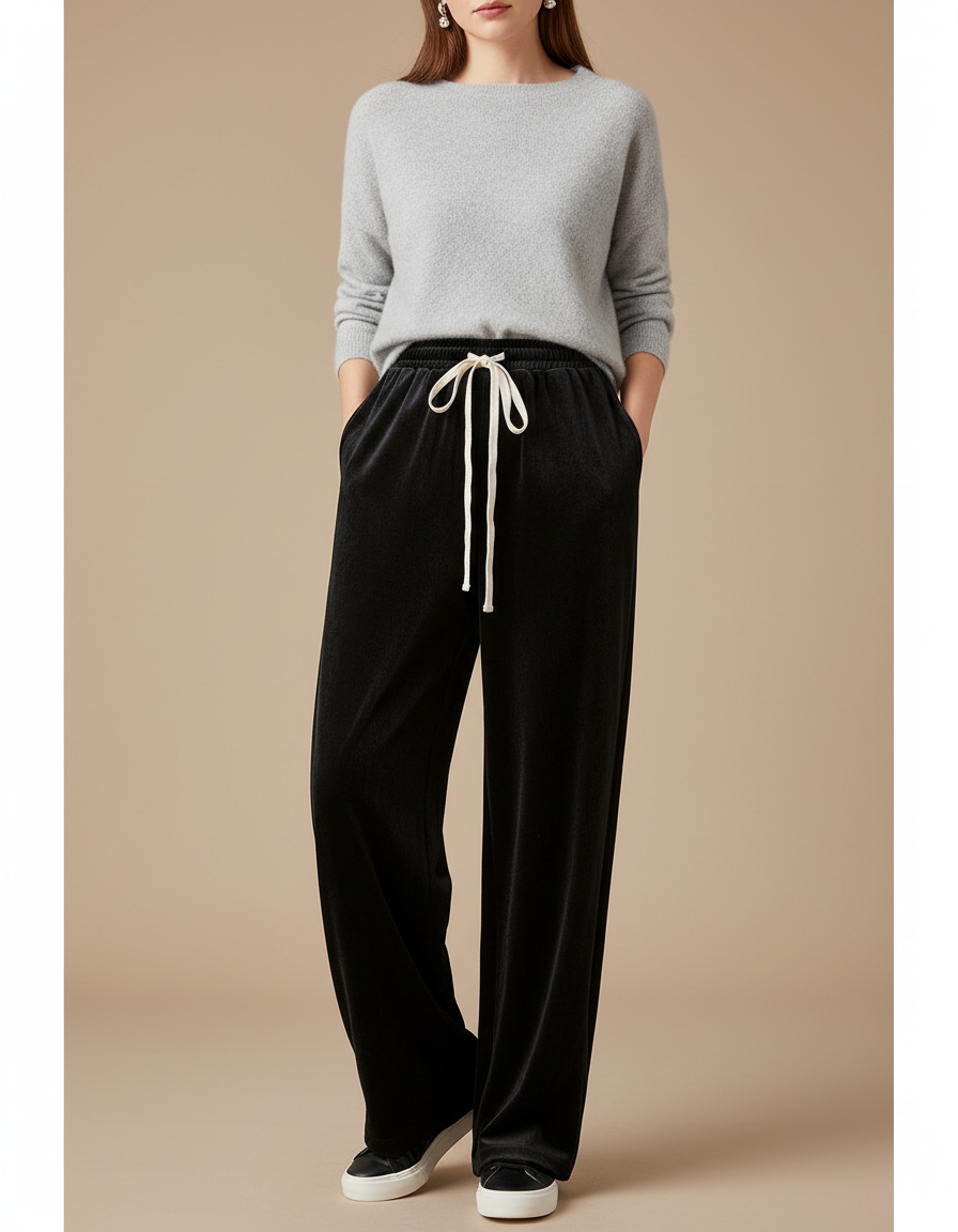 Pantalon Velours Noir Ample Fluide Décontracté Femme