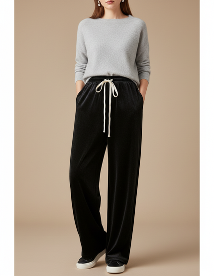 Pantalon Velours Noir Ample Fluide Décontracté Femme