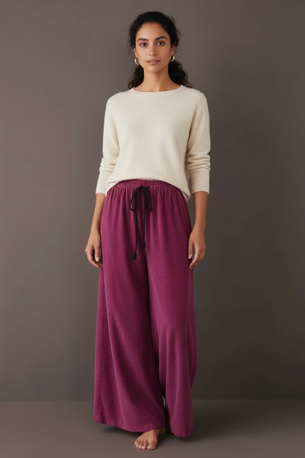 Pantalon Velours Bordeaux Ample Décontracté Cordon Femme - Cordé