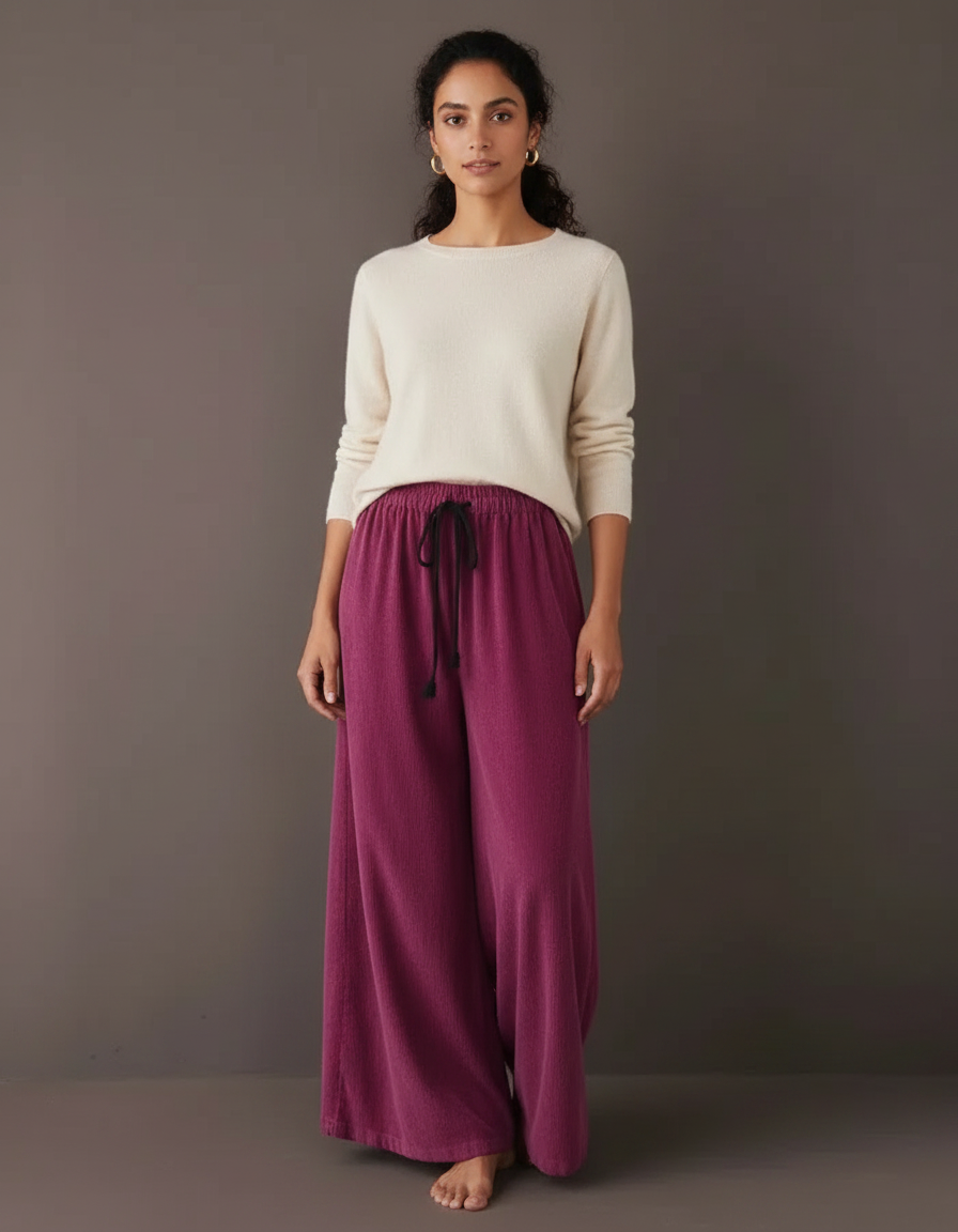 Pantalon Velours Bordeaux Ample Décontracté Cordon Femme - Cordé