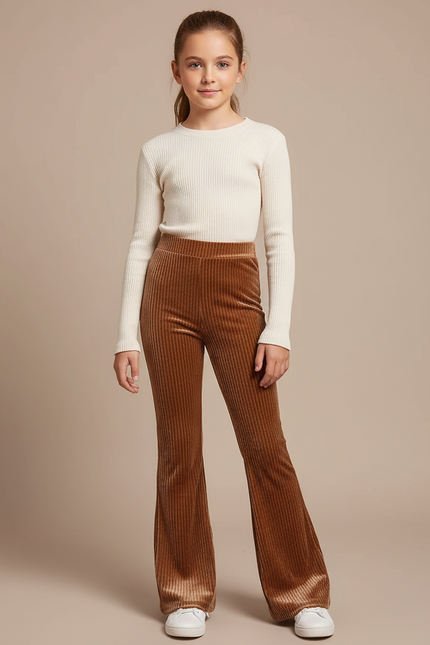 Pantalon Velours Marron Côtelé Évasé Confortable Fille - Cordé
