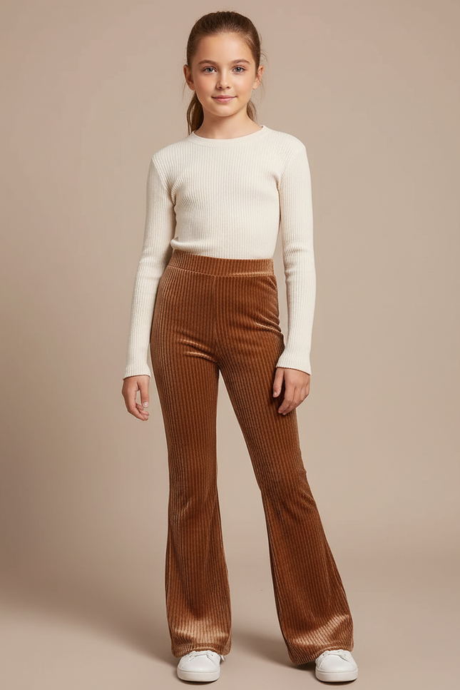 Pantalon Velours Marron Côtelé Évasé Confortable Fille - Cordé