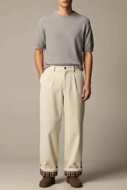 Pantalon Velours Beige Côtelé Ample Doublé Plaid Homme
