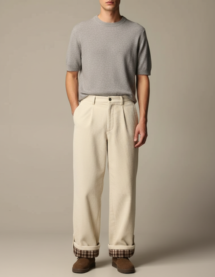 Pantalon Velours Beige Côtelé Ample Doublé Plaid Homme