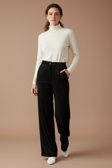 Pantalon Velours Côtelé Noir Large Ample Élégant - Cordé